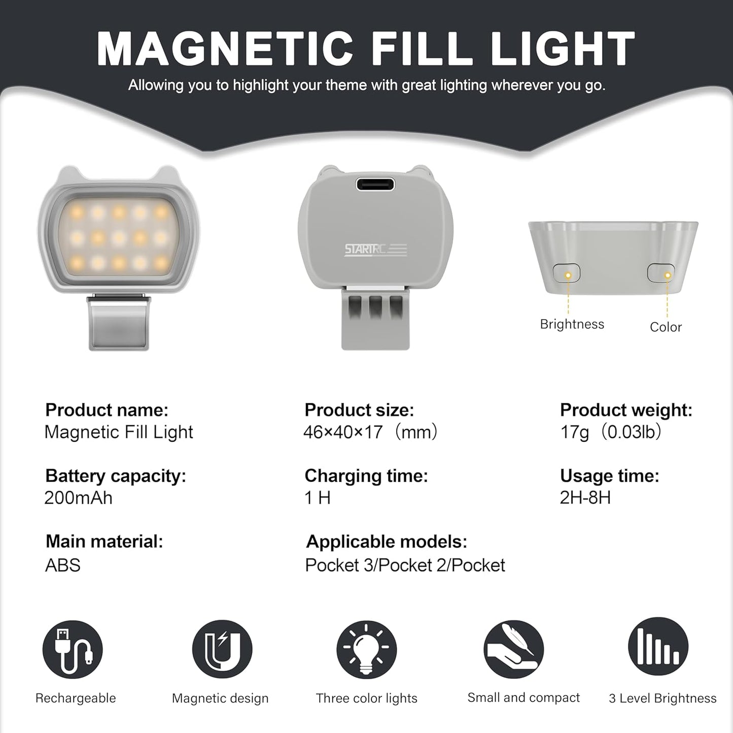 STARTRC Magnetic Fill Light for DJI Osmo Pocket 3 Creator Combo, Magnetic Mount Compatible with DJI Pocket 3/Pocket 2/Pocket Action Camera Accessories